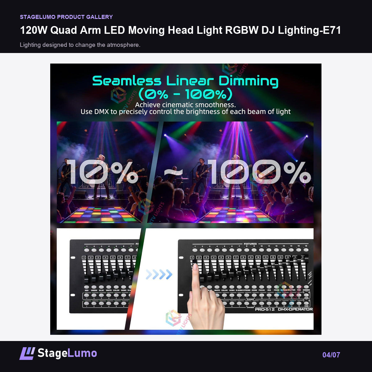 120W Quad Arm LED Moving Head Light RGBW DJ Lighting-E71 - StageLumo image 4