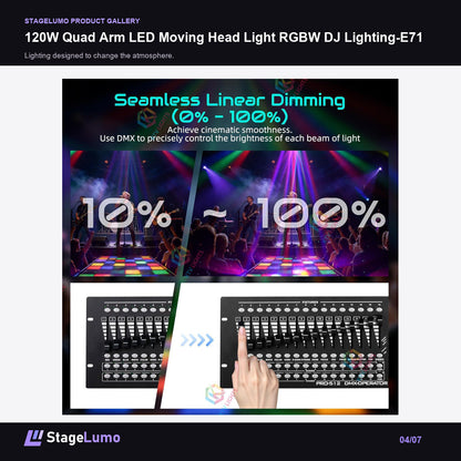 120W Quad Arm LED Moving Head Light RGBW DJ Lighting-E71 - StageLumo image 4