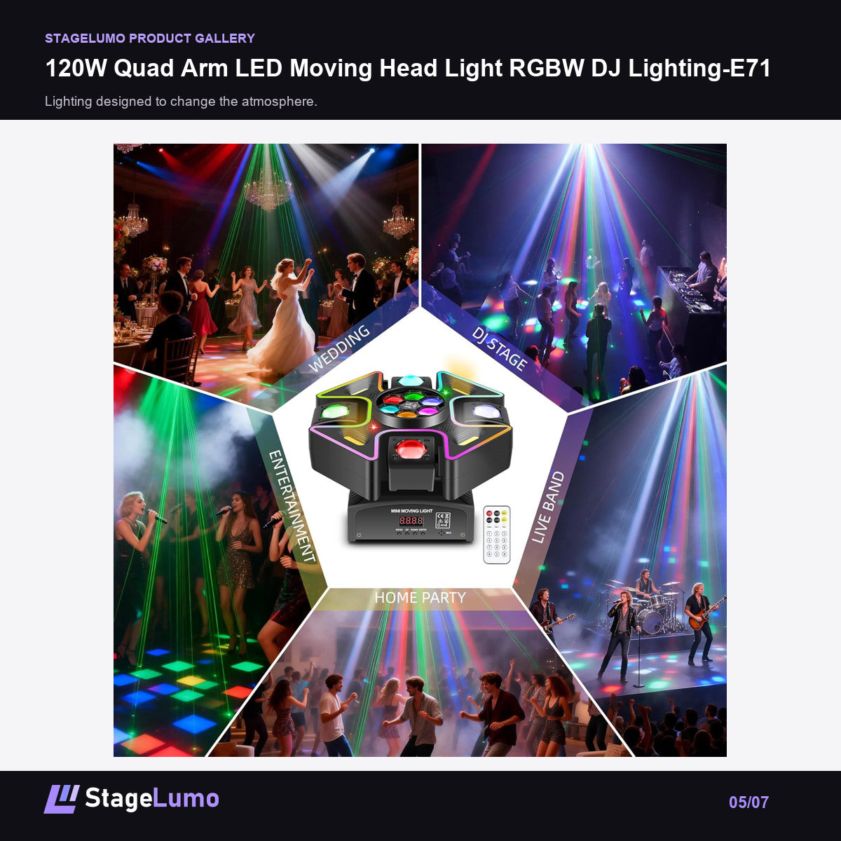 120W Quad Arm LED Moving Head Light RGBW DJ Lighting-E71 - StageLumo image 5