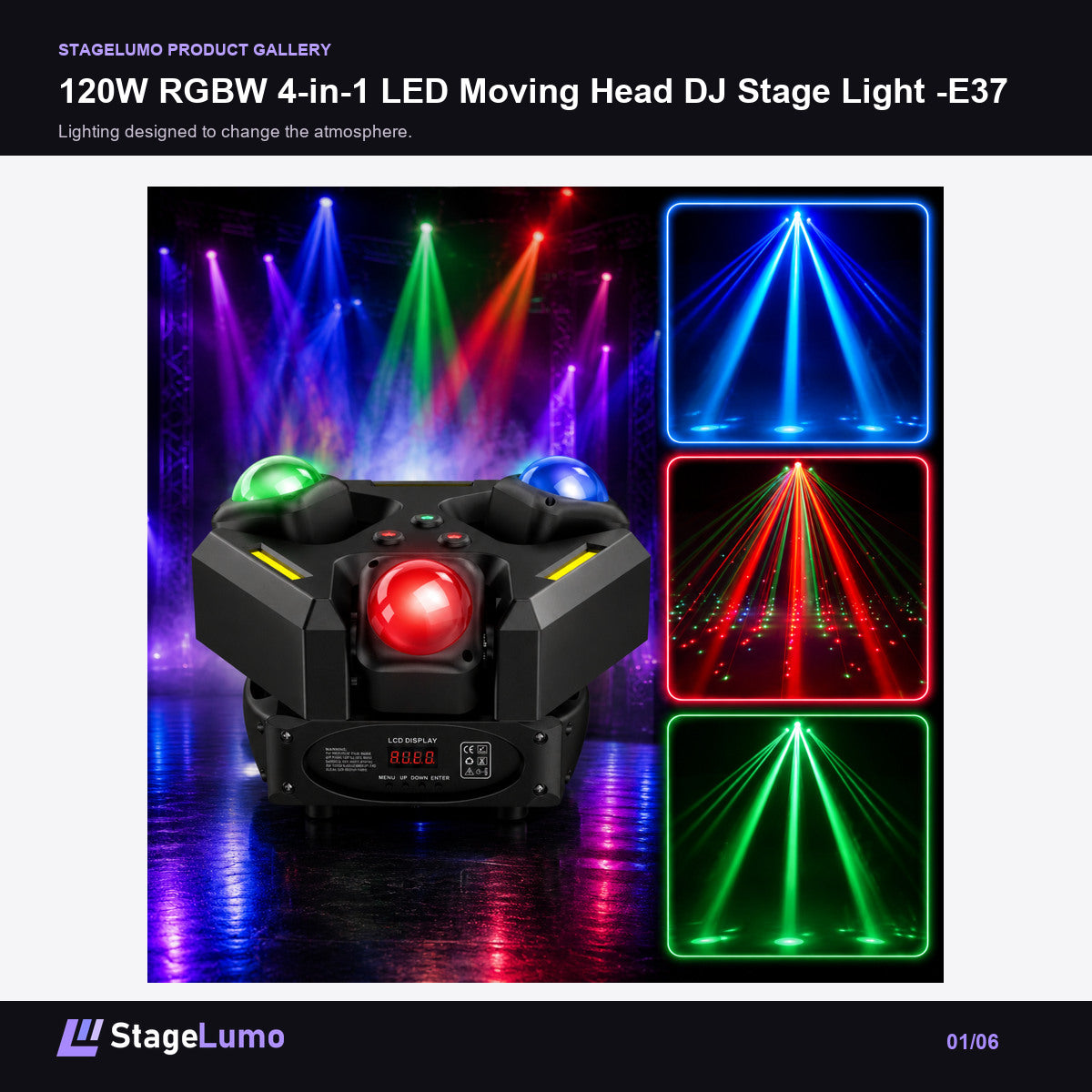 120W RGBW 4-in-1 LED Moving Head DJ Stage Light -E37 - StageLumo image 1