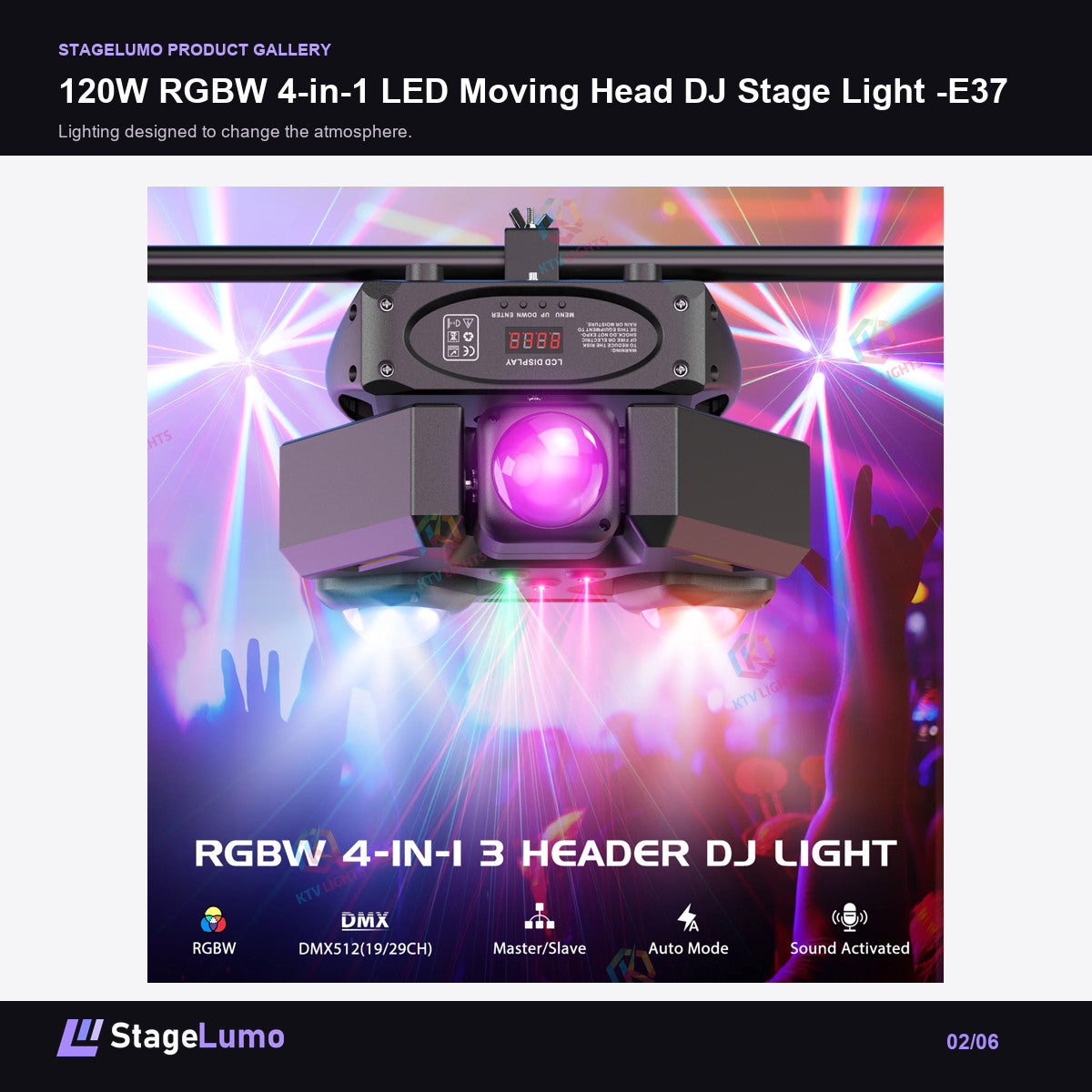120W RGBW 4-in-1 LED Moving Head DJ Stage Light -E37 - StageLumo image 2