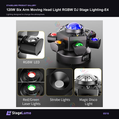 120W Six Arm Moving Head Light RGBW DJ Stage Lighting-E4 - StageLumo image 5