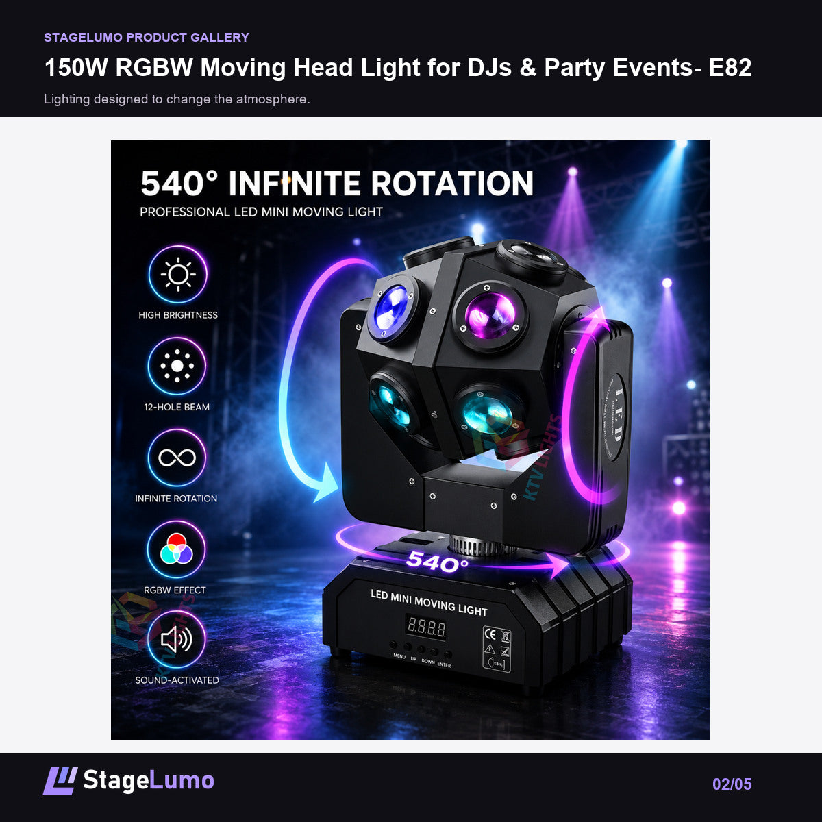 150W RGBW Moving Head Light for DJs & Party Events- E82 - StageLumo image 2