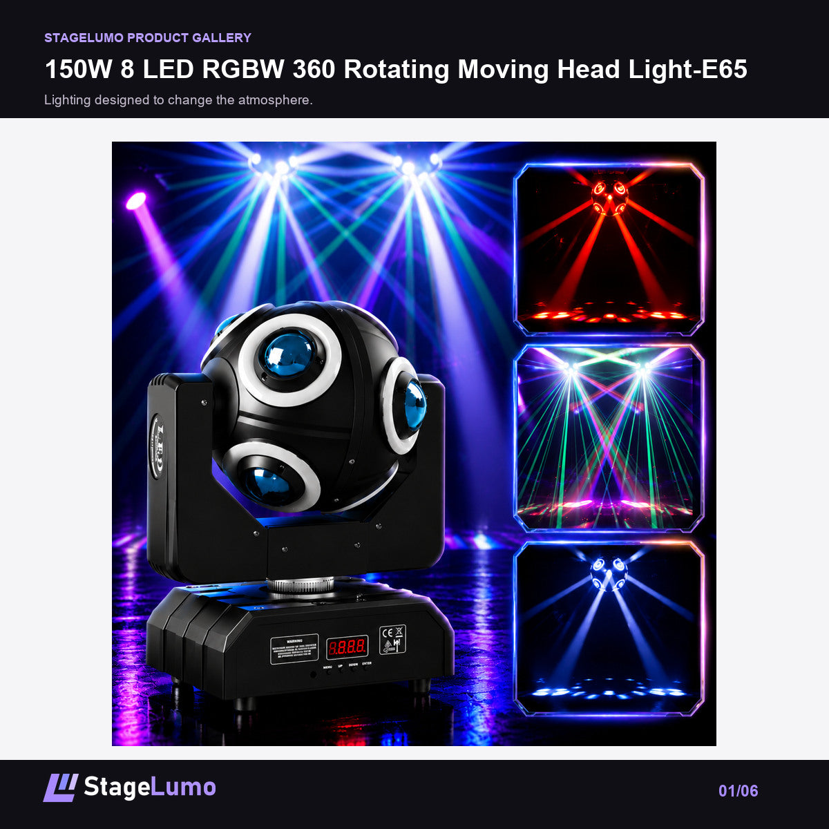 150W 8 LED RGBW 360 Rotating Moving Head Light-E65 - StageLumo image 1