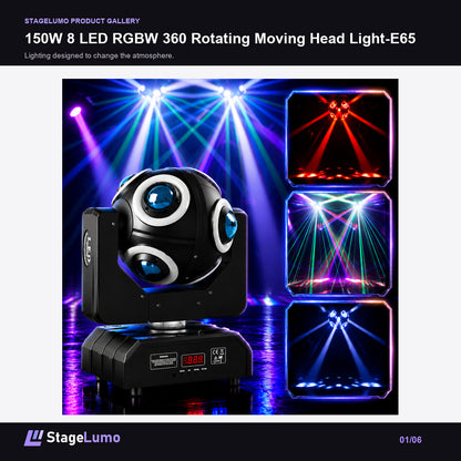 150W 8 LED RGBW 360 Rotating Moving Head Light-E65 - StageLumo image 1