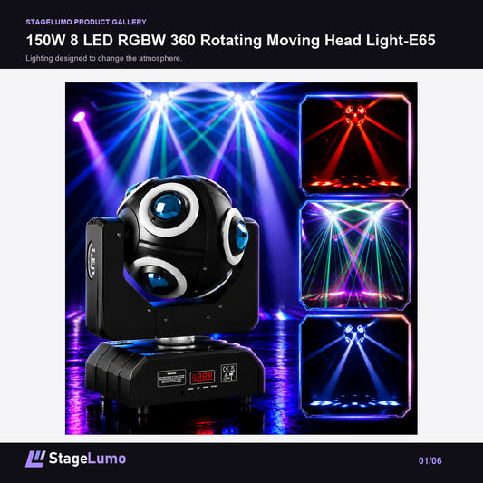 150W 8 LED RGBW 360 Rotating Moving Head Light-E65 - StageLumo image 1