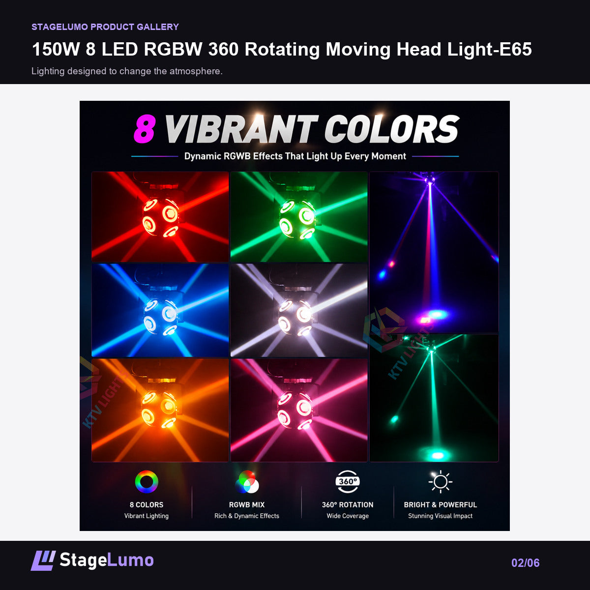 150W 8 LED RGBW 360 Rotating Moving Head Light-E65 - StageLumo image 2