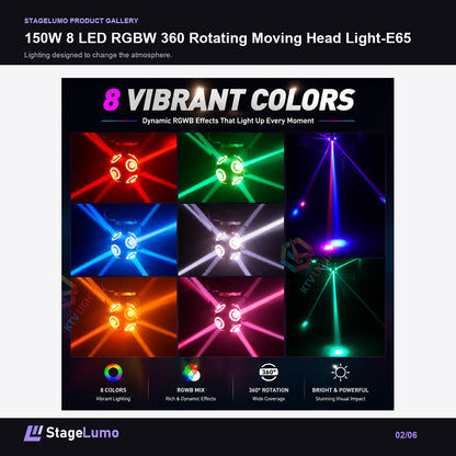 150W 8 LED RGBW 360 Rotating Moving Head Light-E65 - StageLumo image 2