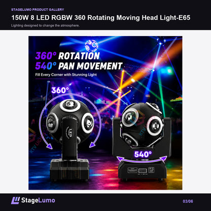 150W 8 LED RGBW 360 Rotating Moving Head Light-E65 - StageLumo image 3