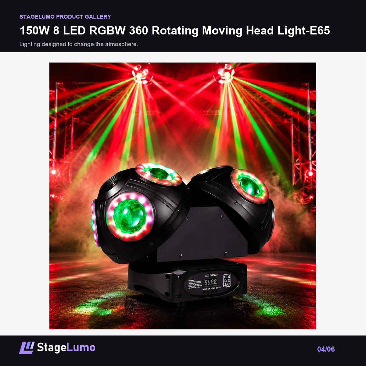 150W 8 LED RGBW 360 Rotating Moving Head Light-E65 - StageLumo image 4