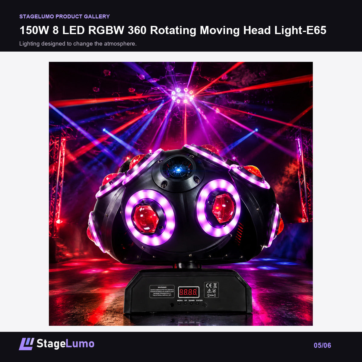 150W 8 LED RGBW 360 Rotating Moving Head Light-E65 - StageLumo image 5