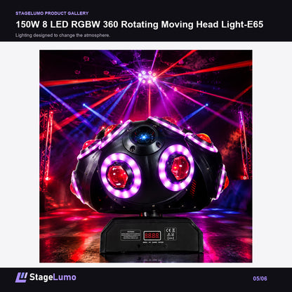 150W 8 LED RGBW 360 Rotating Moving Head Light-E65 - StageLumo image 5