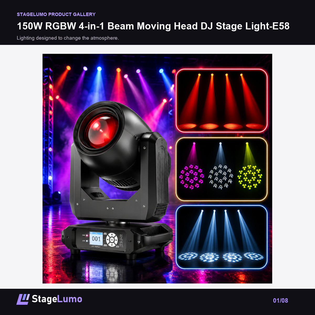 150W RGBW 4-in-1 Beam Moving Head DJ Stage Light-E58 - StageLumo image 1