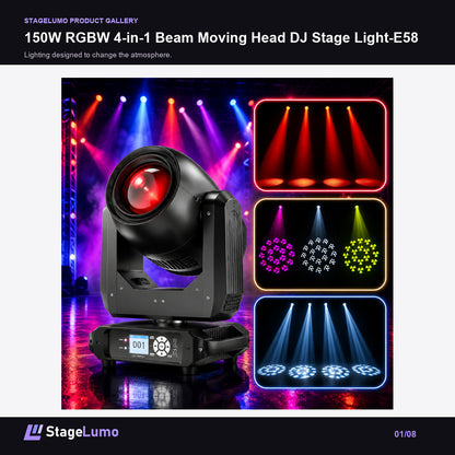 150W RGBW 4-in-1 Beam Moving Head DJ Stage Light-E58 - StageLumo image 1