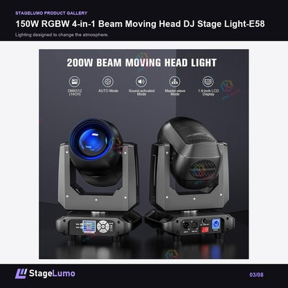 150W RGBW 4-in-1 Beam Moving Head DJ Stage Light-E58 - StageLumo image 3