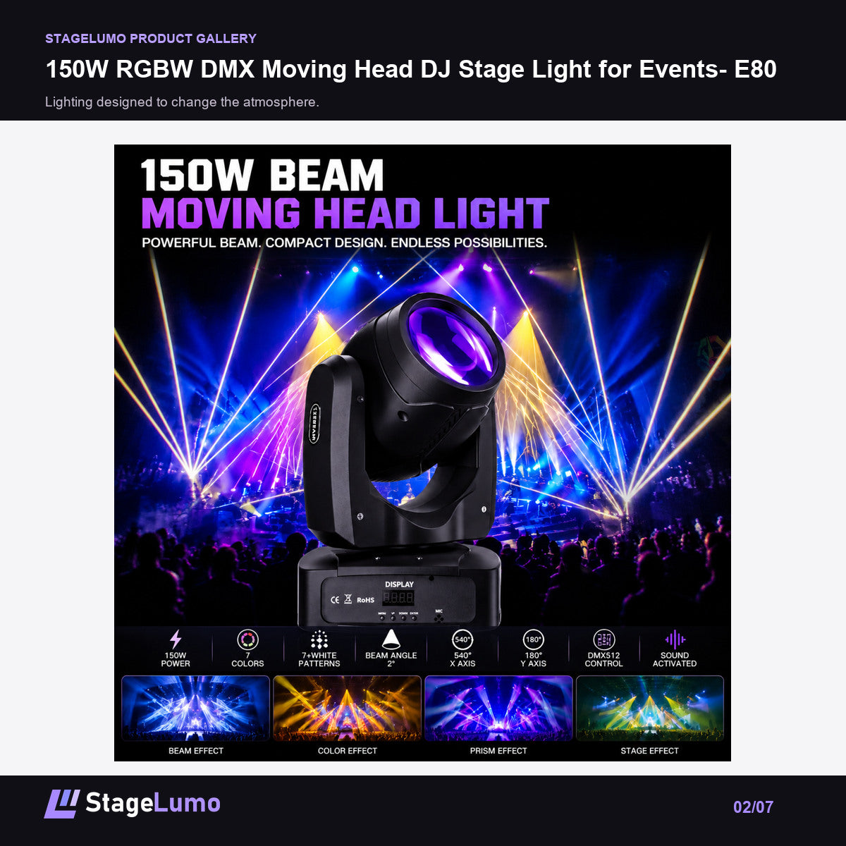 150W RGBW DMX Moving Head DJ Stage Light for Events- E80 - StageLumo image 2