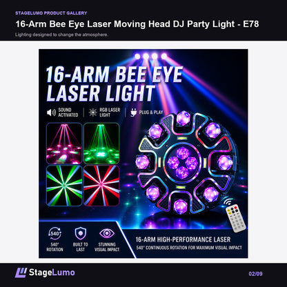 16-Arm Bee Eye Laser Moving Head DJ Party Light - E78 - StageLumo image 2