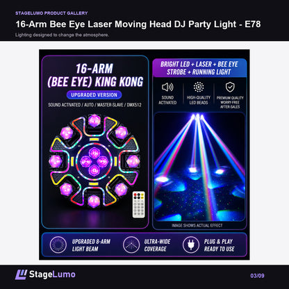 16-Arm Bee Eye Laser Moving Head DJ Party Light - E78 - StageLumo image 3