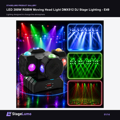 LED 200W RGBW Moving Head Light DMX512 DJ Stage Lighting - E49 - StageLumo image 1