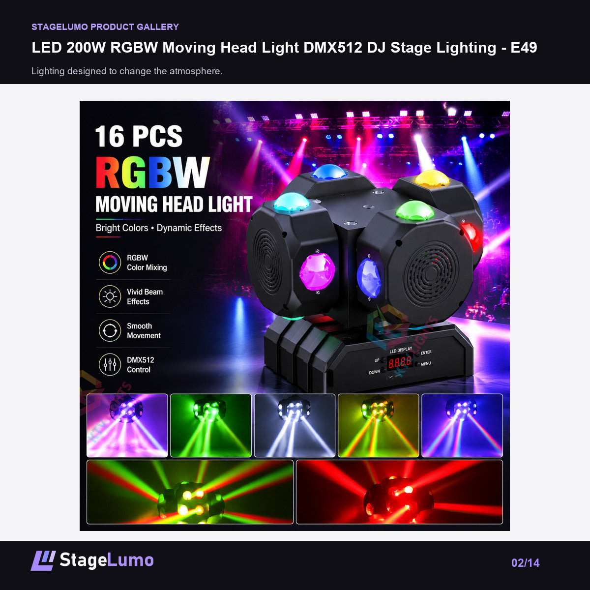 LED 200W RGBW Moving Head Light DMX512 DJ Stage Lighting - E49 - StageLumo image 2