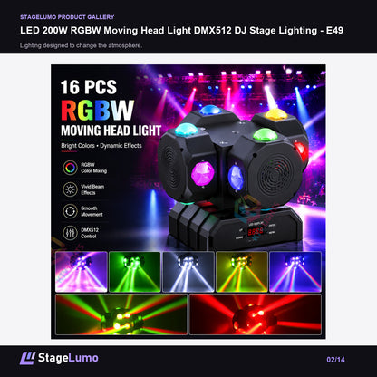 LED 200W RGBW Moving Head Light DMX512 DJ Stage Lighting - E49 - StageLumo image 2