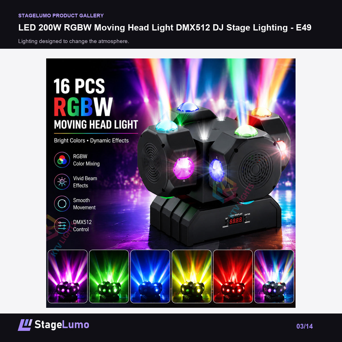 LED 200W RGBW Moving Head Light DMX512 DJ Stage Lighting - E49 - StageLumo image 3