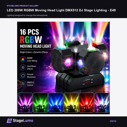 LED 200W RGBW Moving Head Light DMX512 DJ Stage Lighting - E49 - StageLumo image 3