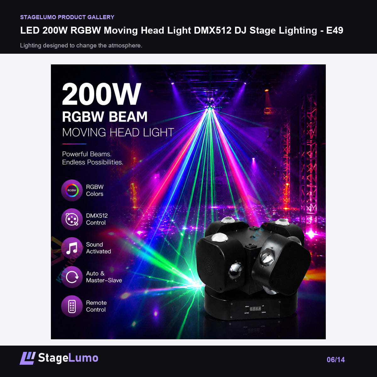 LED 200W RGBW Moving Head Light DMX512 DJ Stage Lighting - E49 - StageLumo image 6