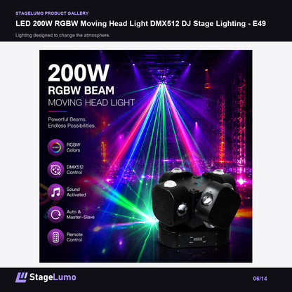 LED 200W RGBW Moving Head Light DMX512 DJ Stage Lighting - E49 - StageLumo image 6