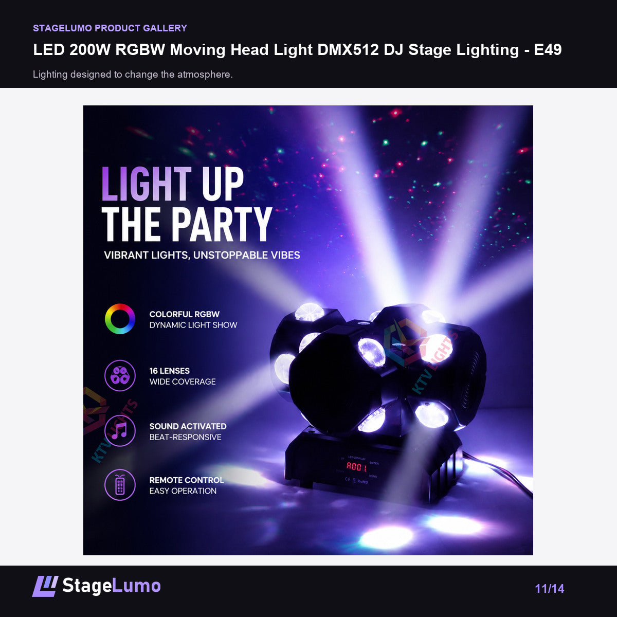 LED 200W RGBW Moving Head Light DMX512 DJ Stage Lighting - E49 - StageLumo image 11