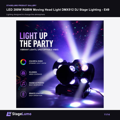 LED 200W RGBW Moving Head Light DMX512 DJ Stage Lighting - E49 - StageLumo image 11