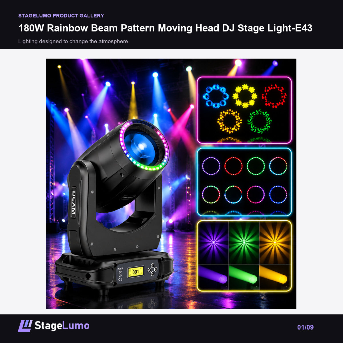 180W Rainbow Beam Pattern Moving Head DJ Stage Light-E43 - StageLumo image 1