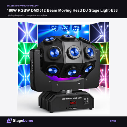 180W RGBW DMX512 Beam Moving Head DJ Stage Light-E33 - StageLumo image 2