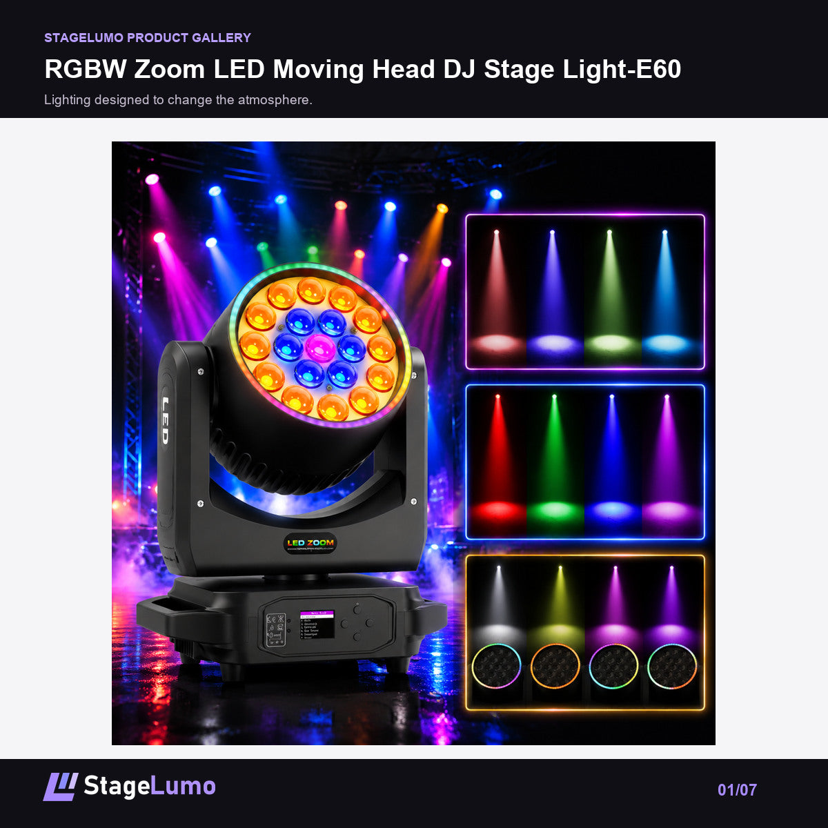 RGBW Zoom LED Moving Head DJ Stage Light-E60 - StageLumo image 1