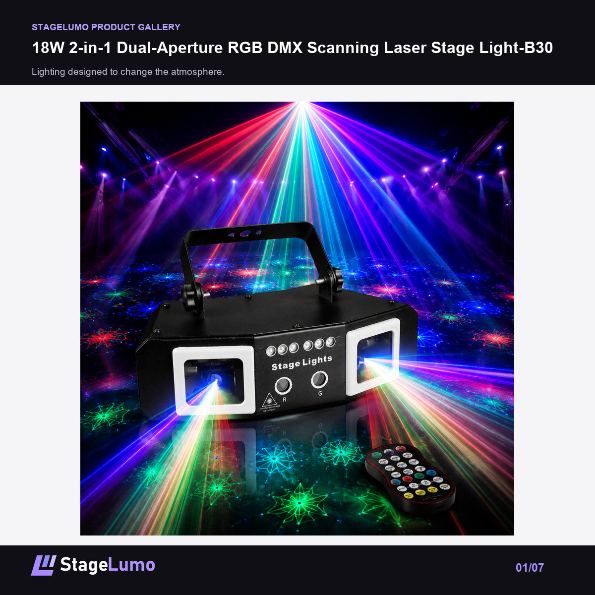 18W 2-in-1 Dual-Aperture RGB DMX Scanning Laser Stage Light-B30 - StageLumo image 1