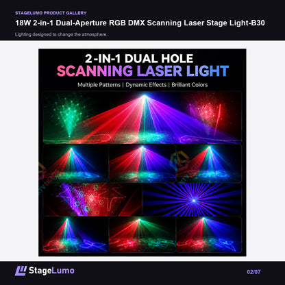 18W 2-in-1 Dual-Aperture RGB DMX Scanning Laser Stage Light-B30 - StageLumo image 2