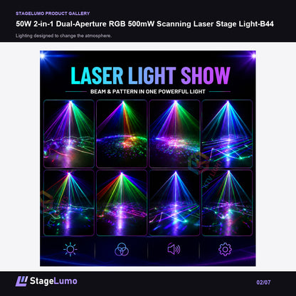 50W 2-in-1 Dual-Aperture RGB 500mW Scanning Laser Stage Light-B44 - StageLumo image 2