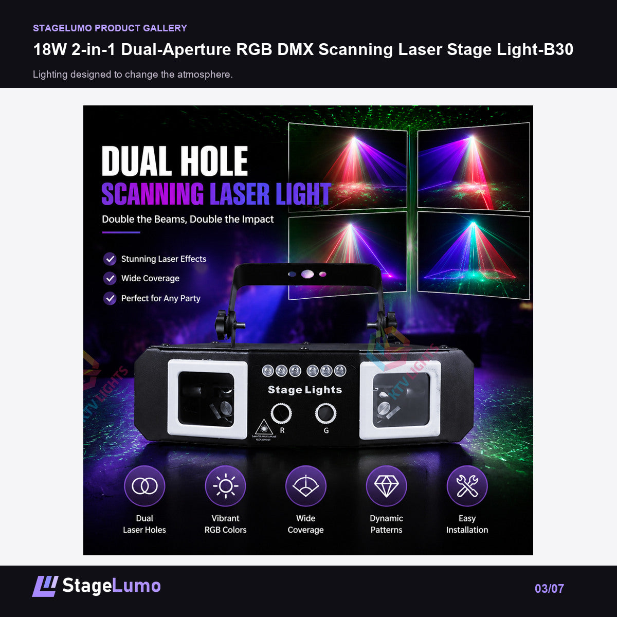 18W 2-in-1 Dual-Aperture RGB DMX Scanning Laser Stage Light-B30 - StageLumo image 3