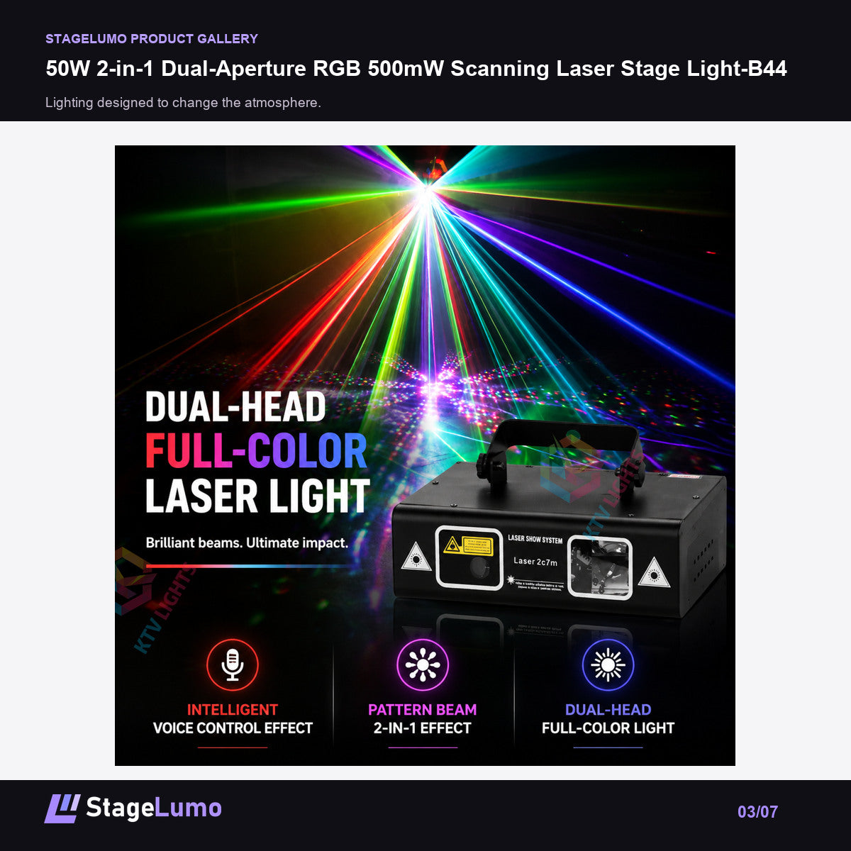 50W 2-in-1 Dual-Aperture RGB 500mW Scanning Laser Stage Light-B44 - StageLumo image 3