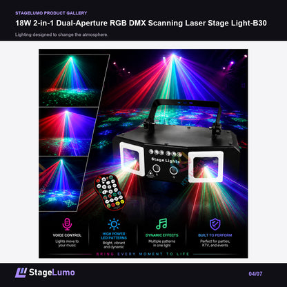 18W 2-in-1 Dual-Aperture RGB DMX Scanning Laser Stage Light-B30 - StageLumo image 4