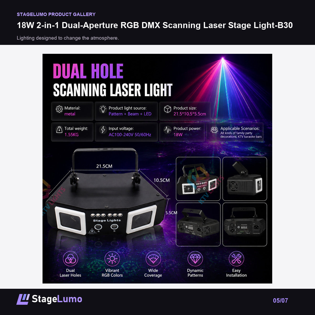 18W 2-in-1 Dual-Aperture RGB DMX Scanning Laser Stage Light-B30 - StageLumo image 5