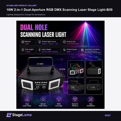 18W 2-in-1 Dual-Aperture RGB DMX Scanning Laser Stage Light-B30 - StageLumo image 5