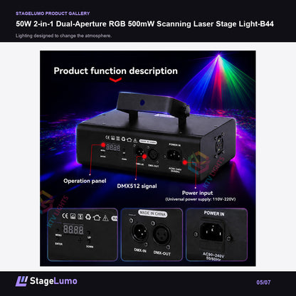 50W 2-in-1 Dual-Aperture RGB 500mW Scanning Laser Stage Light-B44 - StageLumo image 5