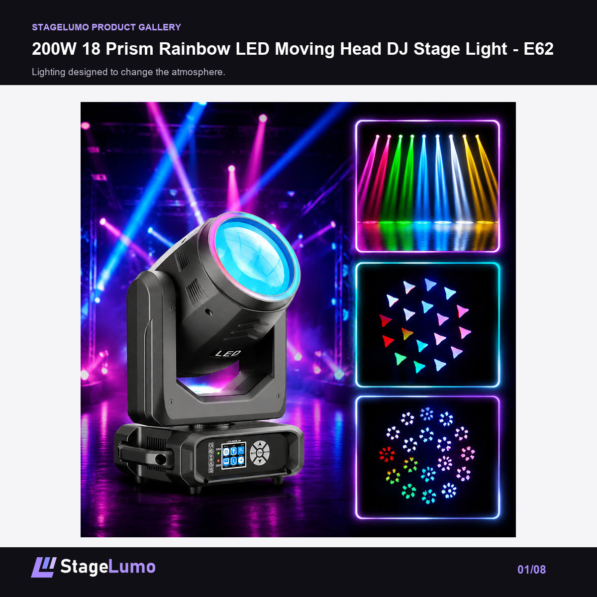 200W 18 Prism Rainbow LED Moving Head DJ Stage Light - E62 - StageLumo image 1