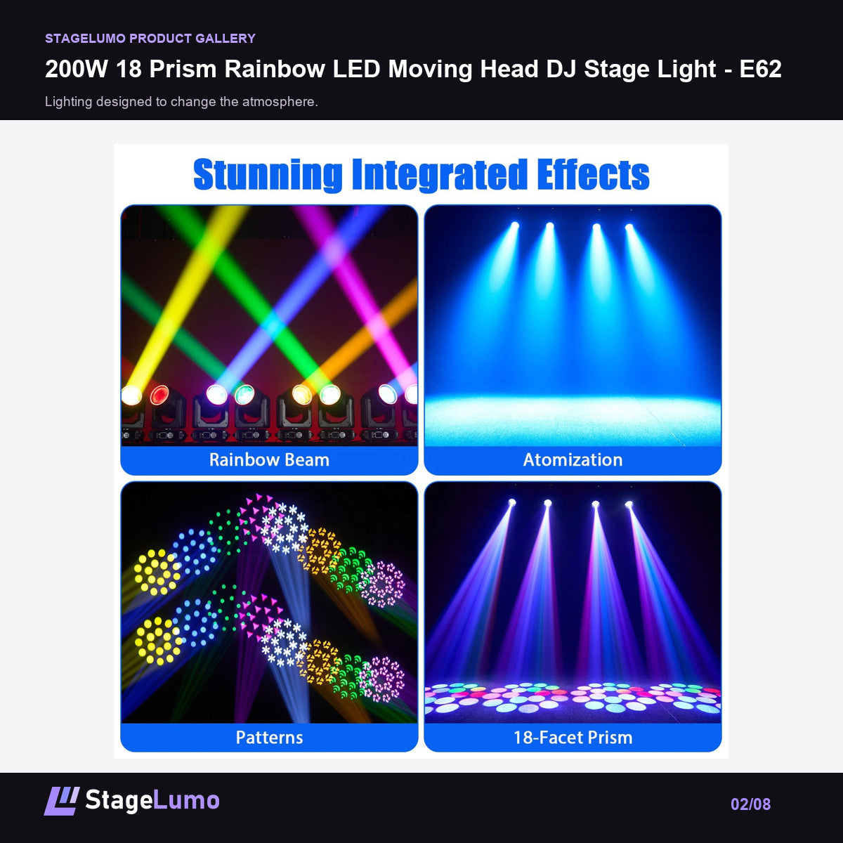 200W 18 Prism Rainbow LED Moving Head DJ Stage Light - E62 - StageLumo image 2