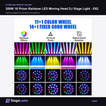 200W 18 Prism Rainbow LED Moving Head DJ Stage Light - E62 - StageLumo image 3
