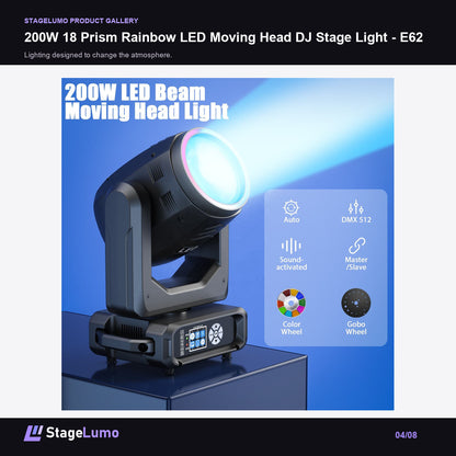 200W 18 Prism Rainbow LED Moving Head DJ Stage Light - E62 - StageLumo image 4