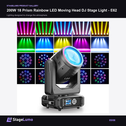 200W 18 Prism Rainbow LED Moving Head DJ Stage Light - E62 - StageLumo image 5