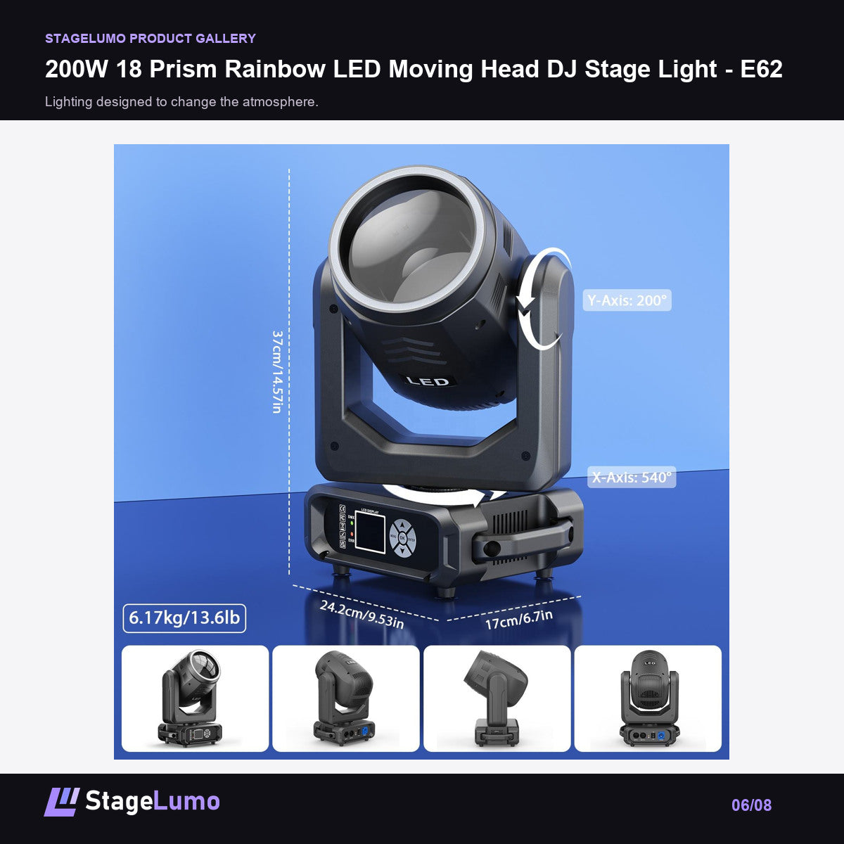 200W 18 Prism Rainbow LED Moving Head DJ Stage Light - E62 - StageLumo image 6