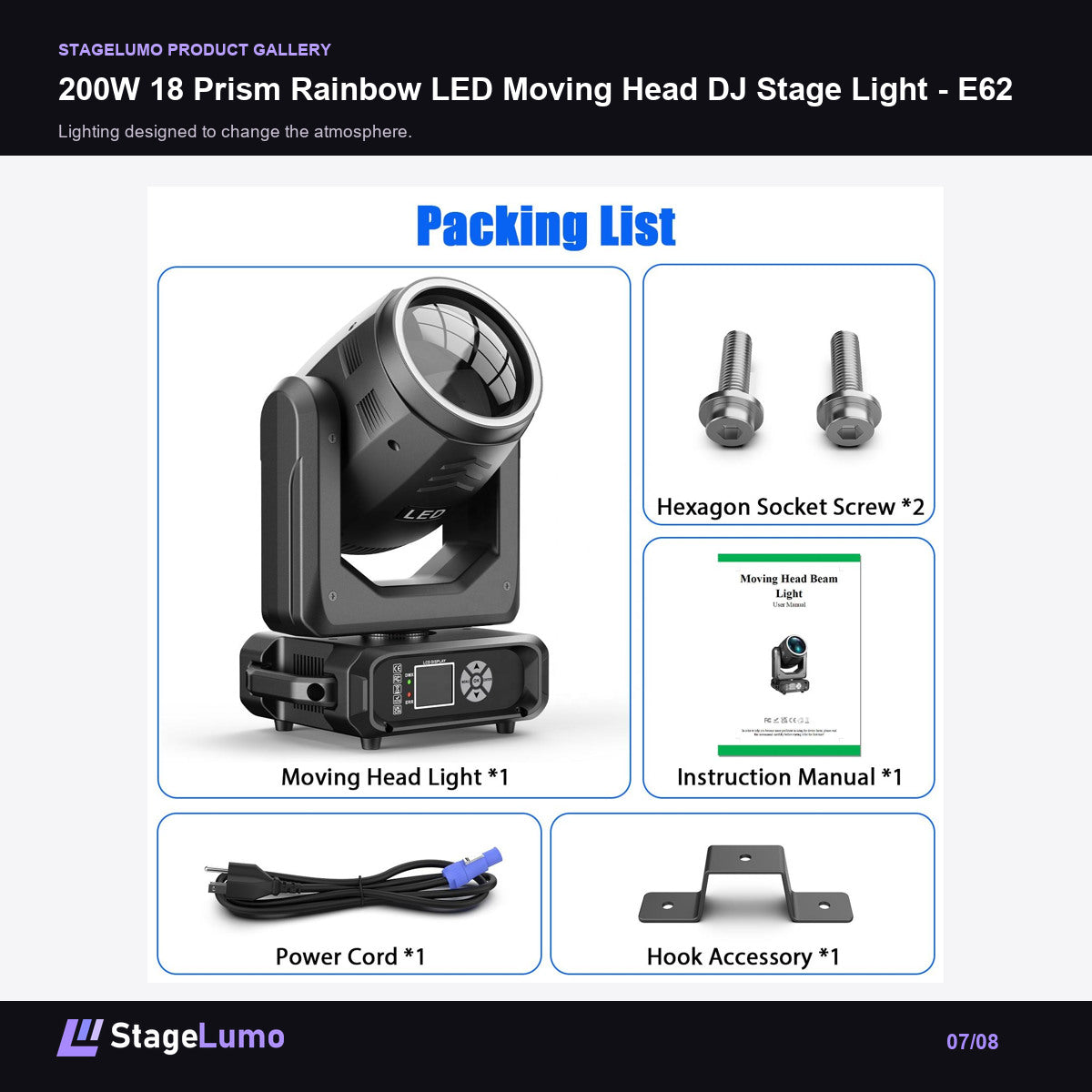 200W 18 Prism Rainbow LED Moving Head DJ Stage Light - E62 - StageLumo image 7